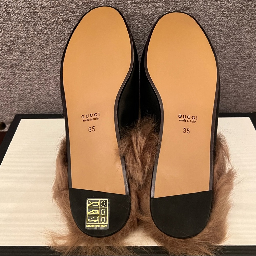 New Gucci Princetown Horsebit fur Mules Lined black Embroidered Flower size 35 - Picture 3 of 14